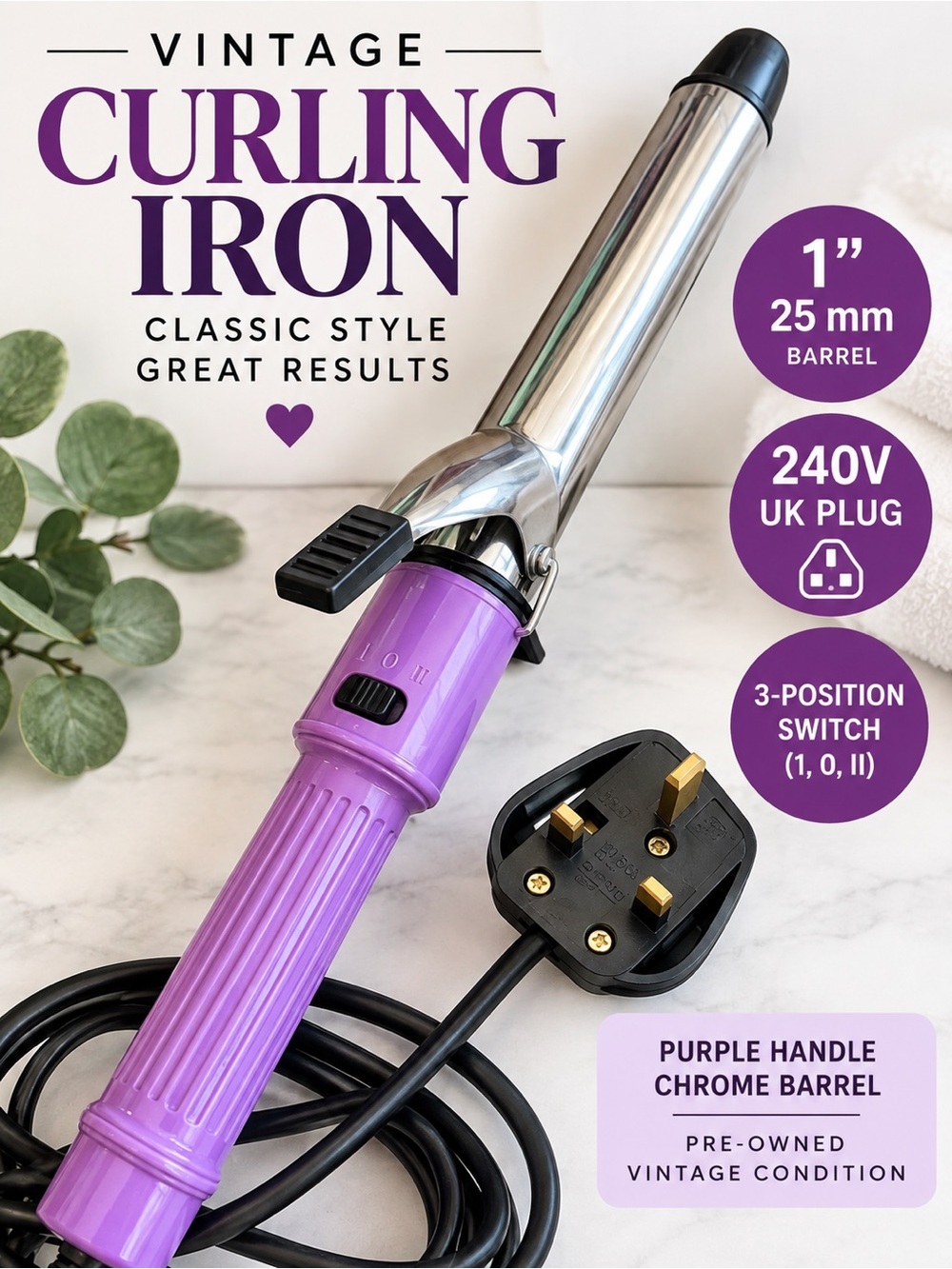 Vintage Purple 1” Curling Iron 25mm UK Type G Plug 240V Hair Curler